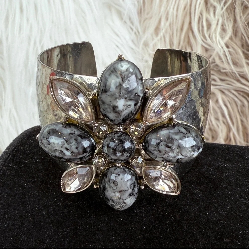 Vintage aged, Silvertone oxidized, colored accent, large cuff, runway bracelet